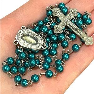 Vintage green faux pearl rosary crucifix Catholic